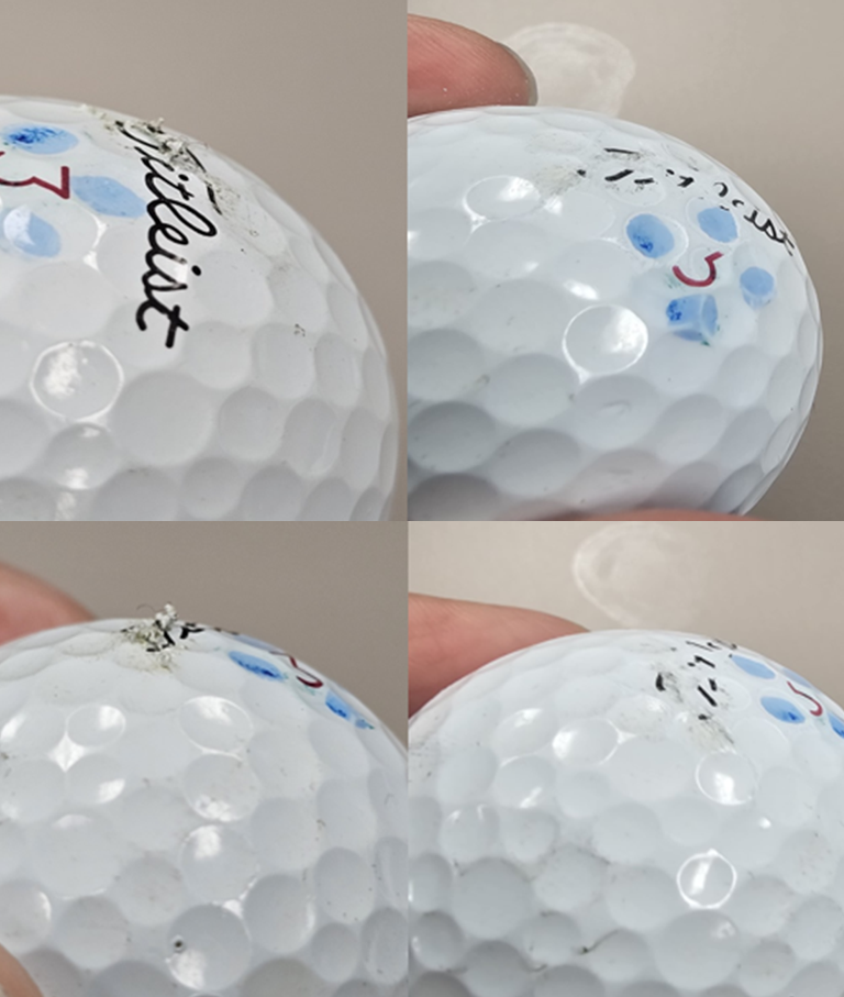 Images on left show damaged golf ball. Images on right show ball after using Pars a Par.