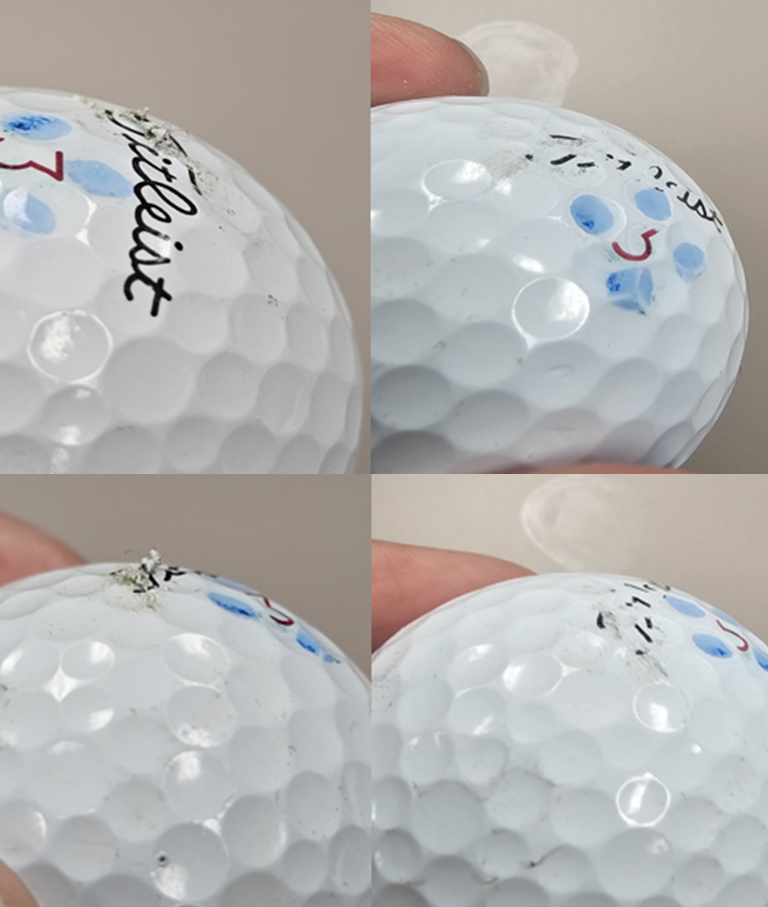 Images on left show a damaged golf ball. Images on right show the same ball after using Golf Ball Medic.